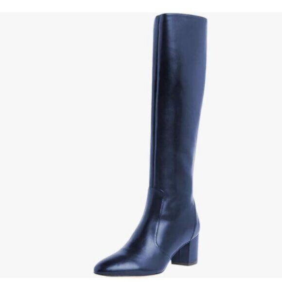 Navy Women Pointed Toe Knee High Boots Chunky Heel Riding Boots Side Zipper Shoe - Picture 1 of 7